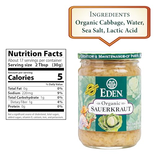 Eden Sauerkraut jar label highlights four-ingredient recipe and organic origin.
