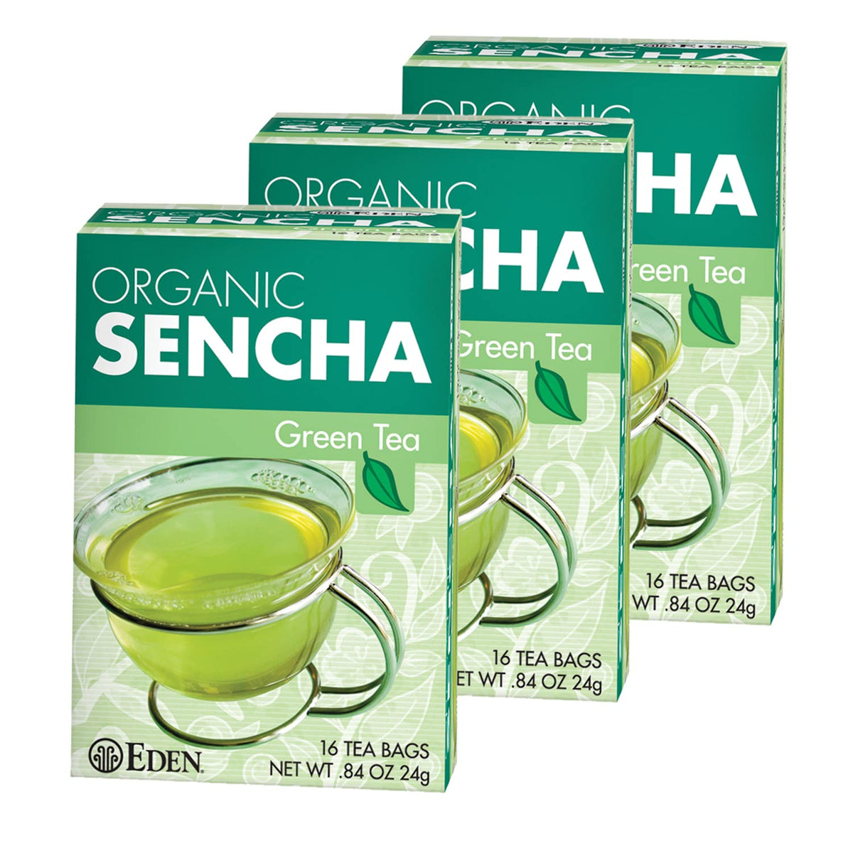 Eden Organic Sencha Green Tea bags close-up, ideal for a refreshing morning ritual