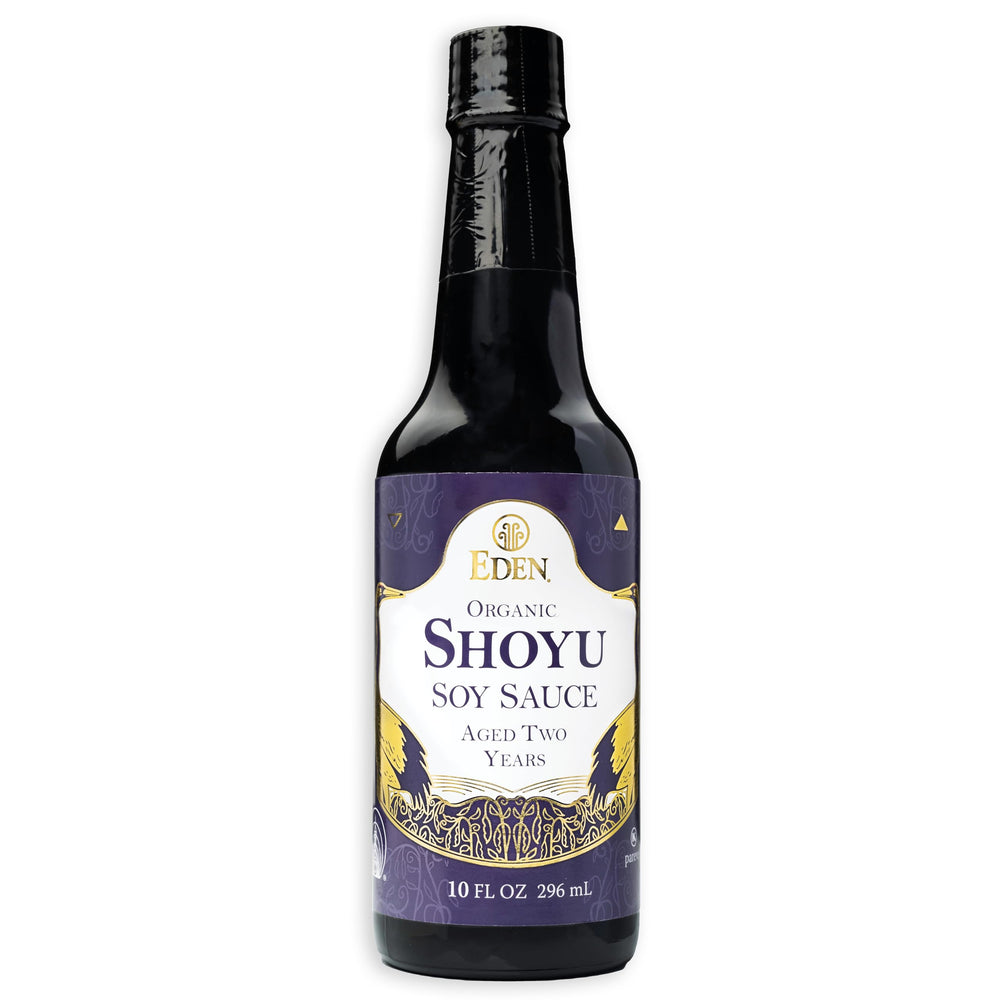Eden Organic Shoyu bottle pour shows deep umami ideal for sauces and stir-fries.