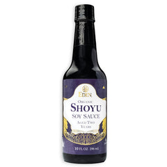 Eden Organic Shoyu bottle pour shows deep umami ideal for sauces and stir-fries.
