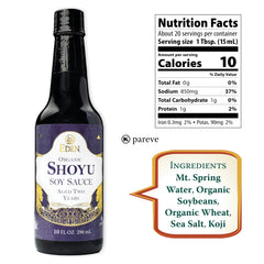 Eden Shoyu ingredients label highlights organic soy, wheat, salt, and water.