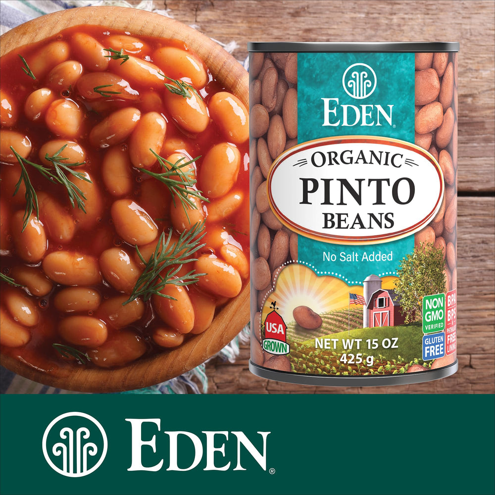 Eden Pinto Beans cook-ready image signals versatile addition to chili and salads.
