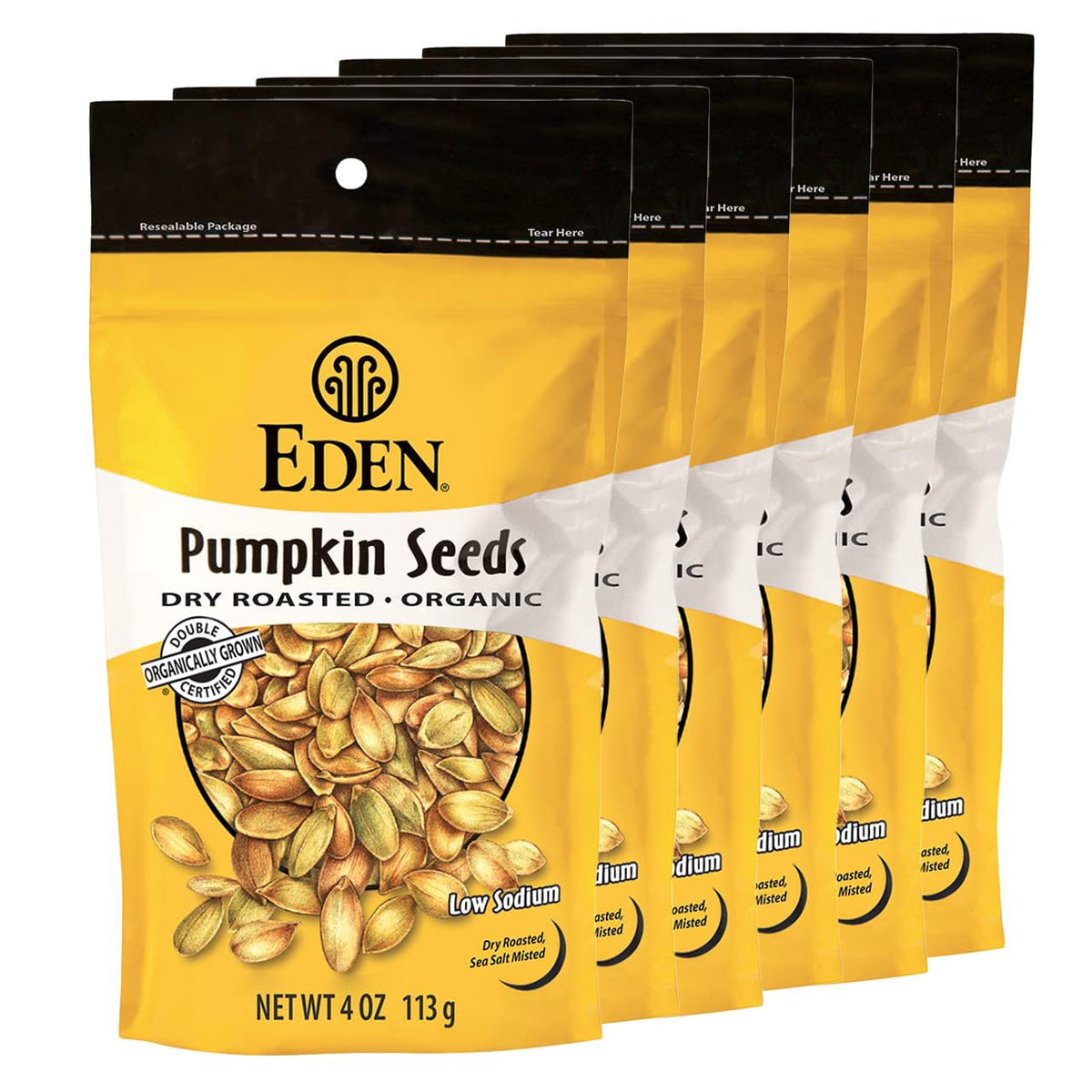 Eden pumpkin seeds bags closeup, crunchy protein-rich snack.