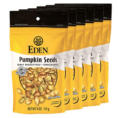 Eden pumpkin seeds bags closeup, crunchy protein-rich snack.