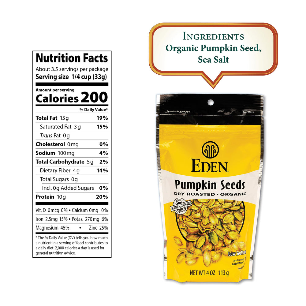 Eden pumpkin seeds on shelf, organic lightly salted flavor.