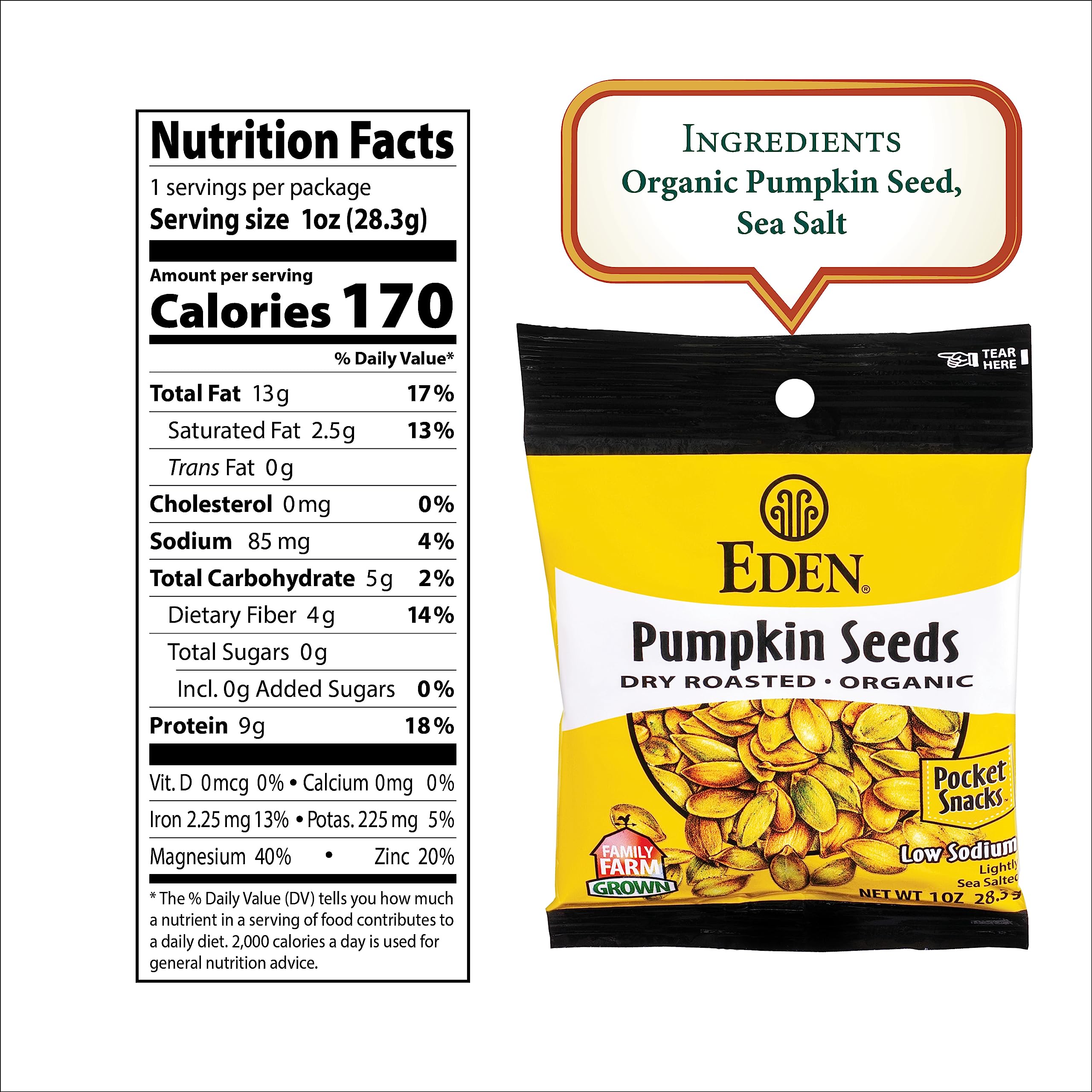 Eden pumpkin seeds pocket snack close-up of roasted kernels with subtle seasoning.