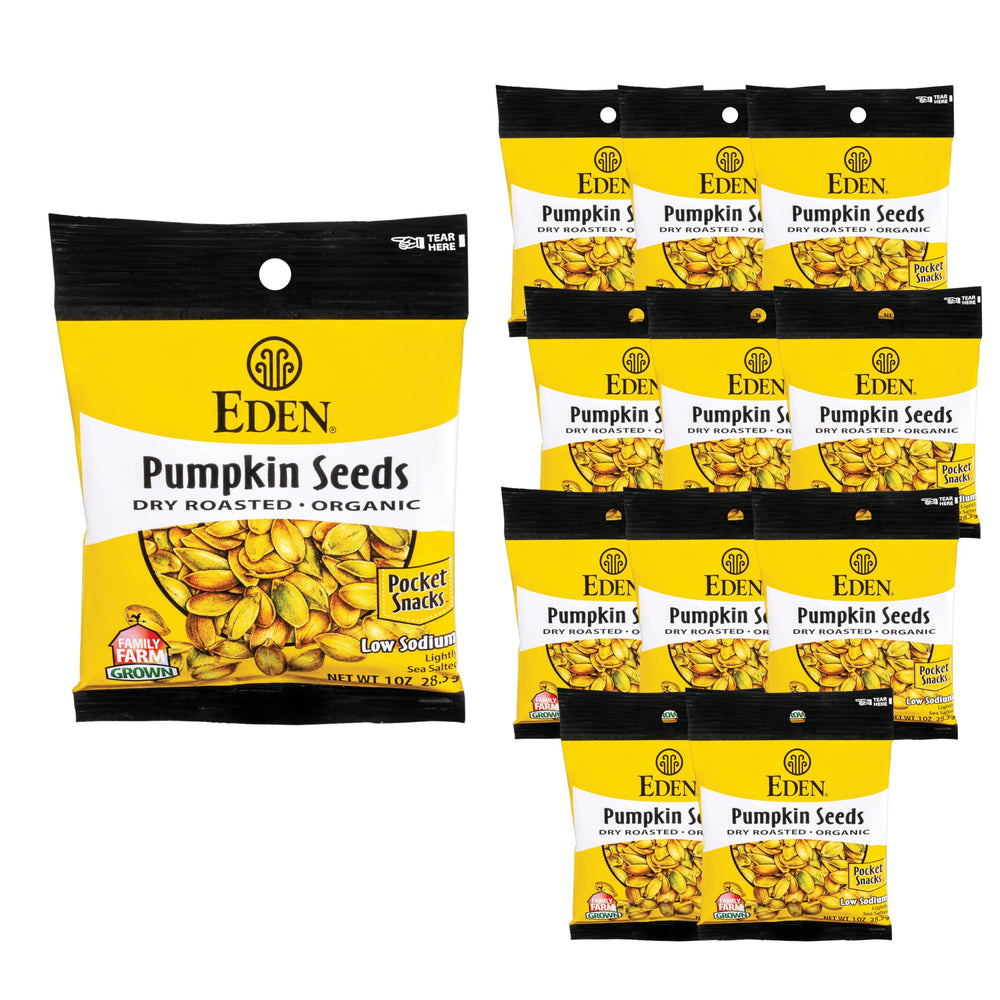 Eden pumpkin seeds pocket snack front packaging shows dry roasted texture and light salt.