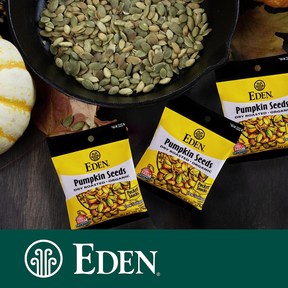 Eden pumpkin seeds pocket snack served in a bowl for quick crunch.