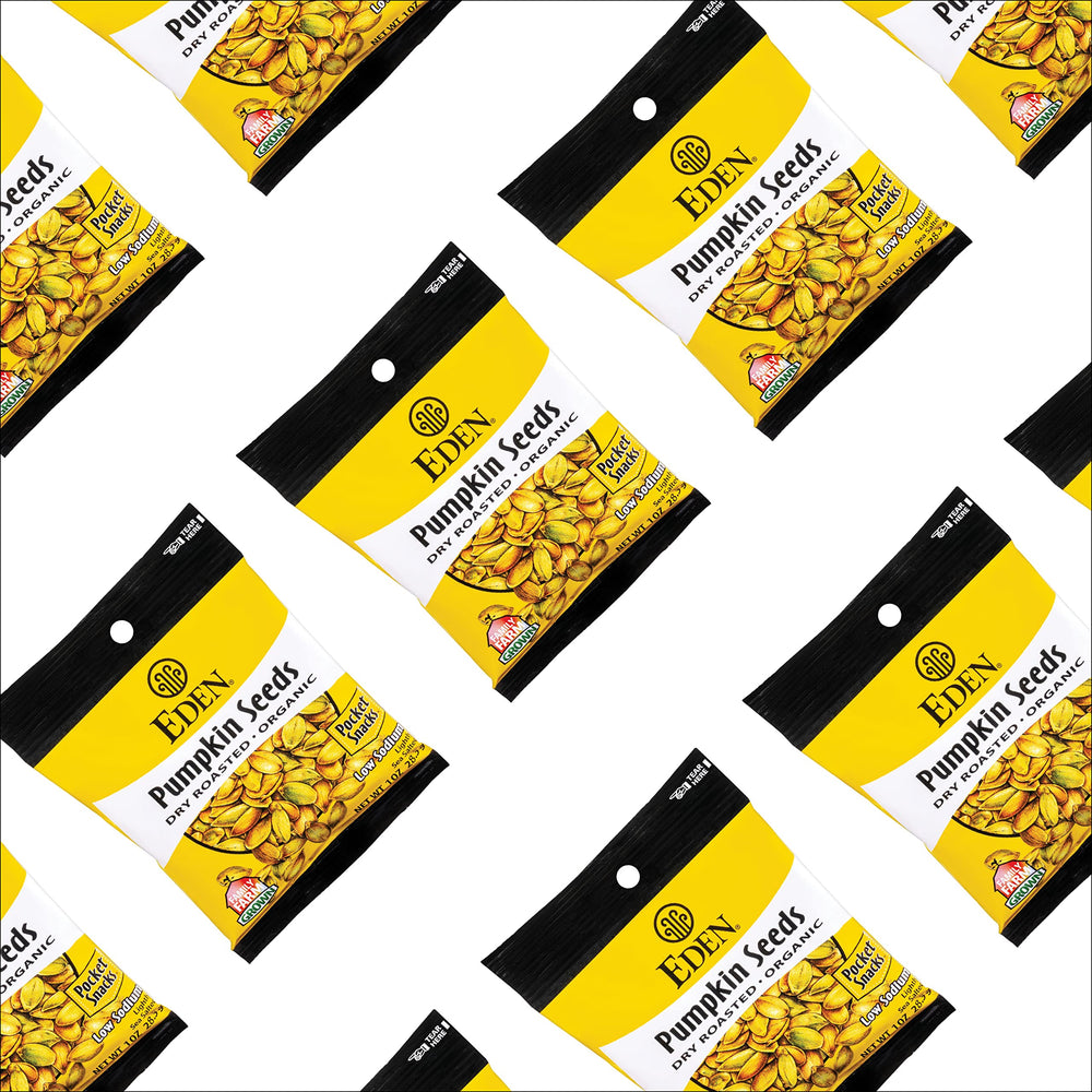 Eden pumpkin seeds pocket snack highlights protein fiber and essential minerals.