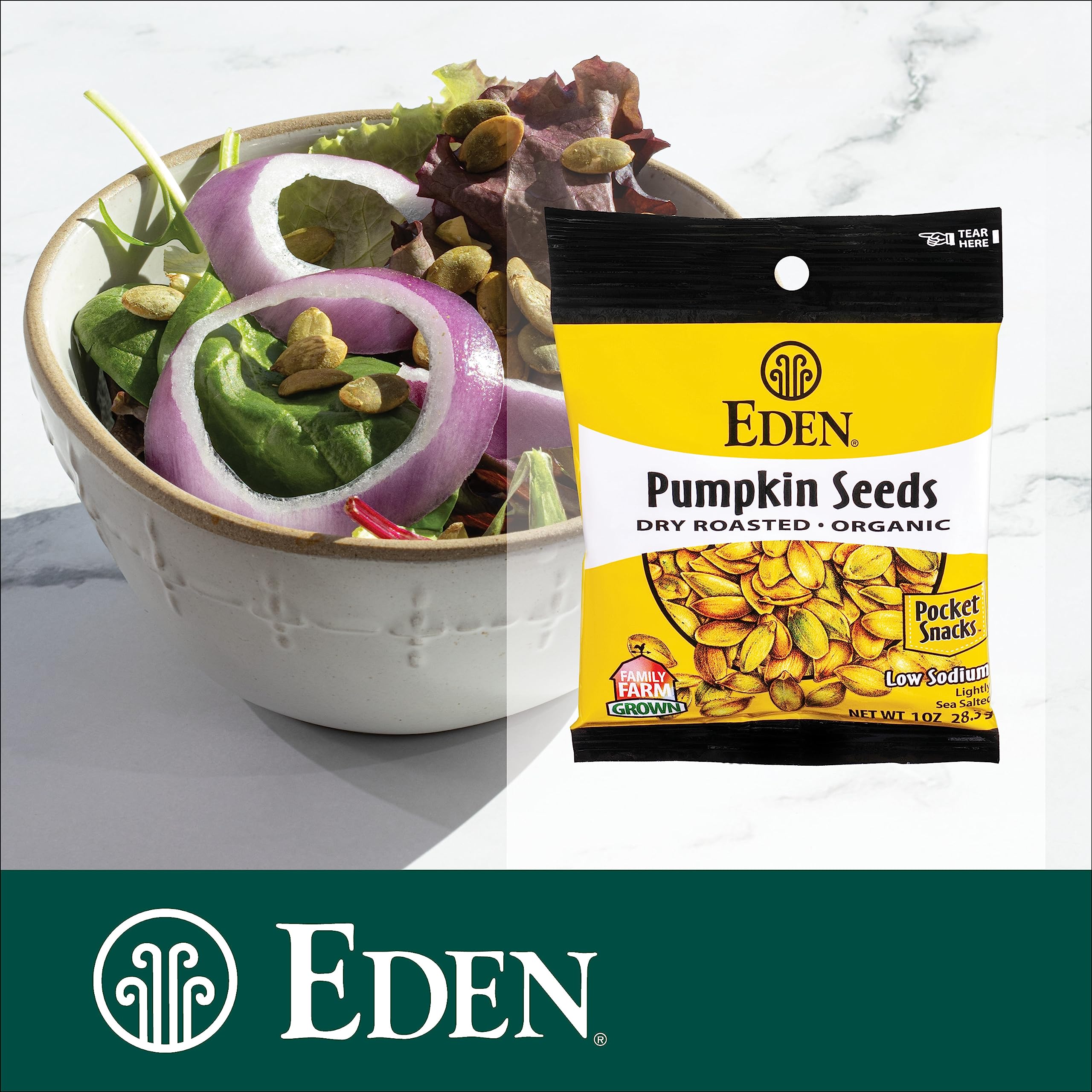 Eden pumpkin seeds pocket snack convenient for on-the-go in a bag.