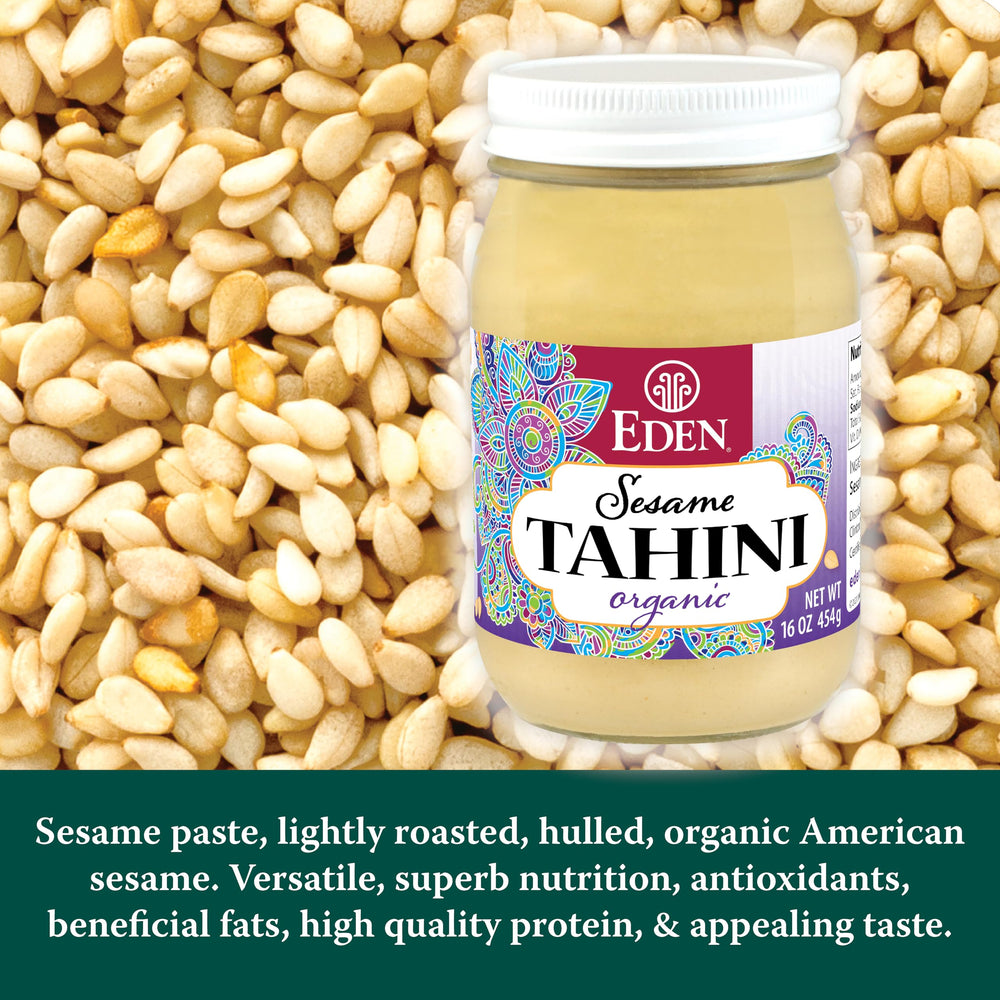 Eden roasted tahini glass container showcases a smooth, rich texture for recipes.
