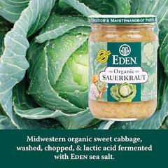Crisp cabbage in a bowl of Eden Sauerkraut, ideal salad topping.