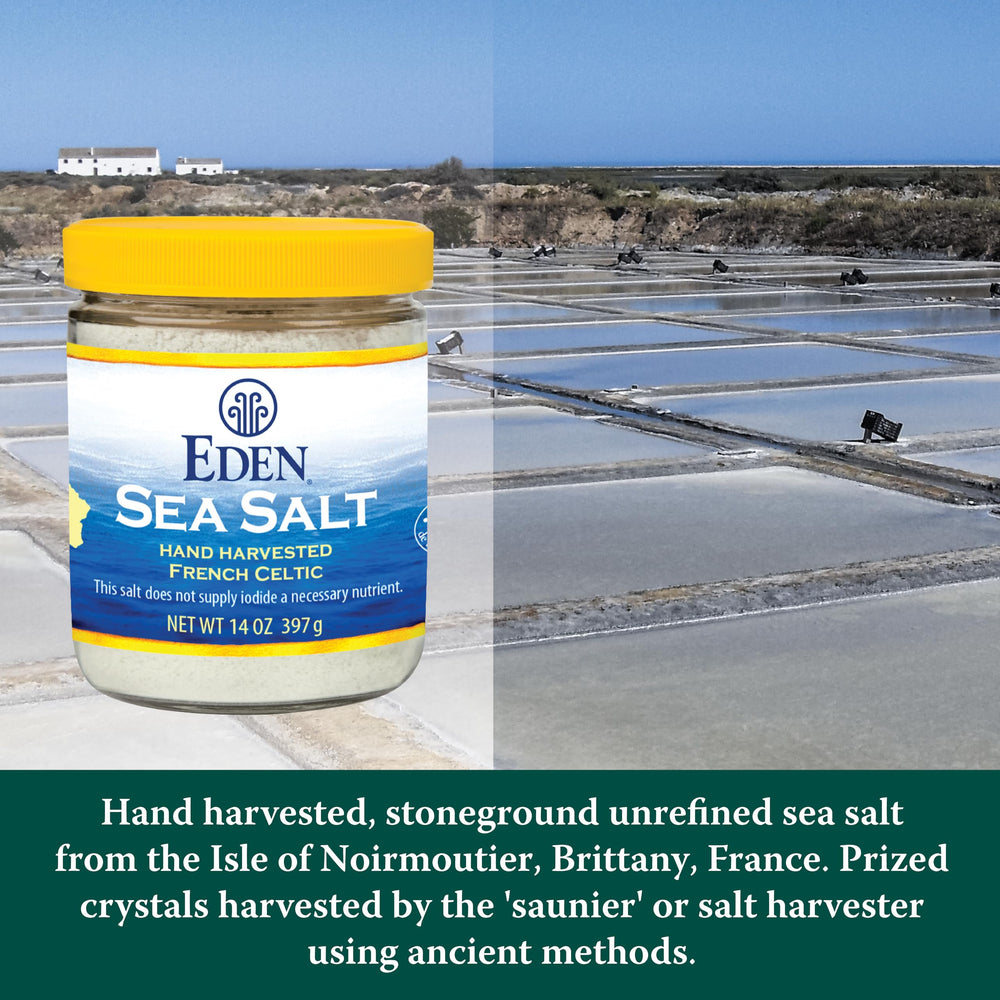 Eden Sea Salt hand-harvested using Celtic methods with chemical-free processing.