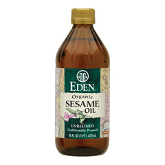 Eden Organic Sesame Oil bottle showing first-pressing label for rich flavor.
