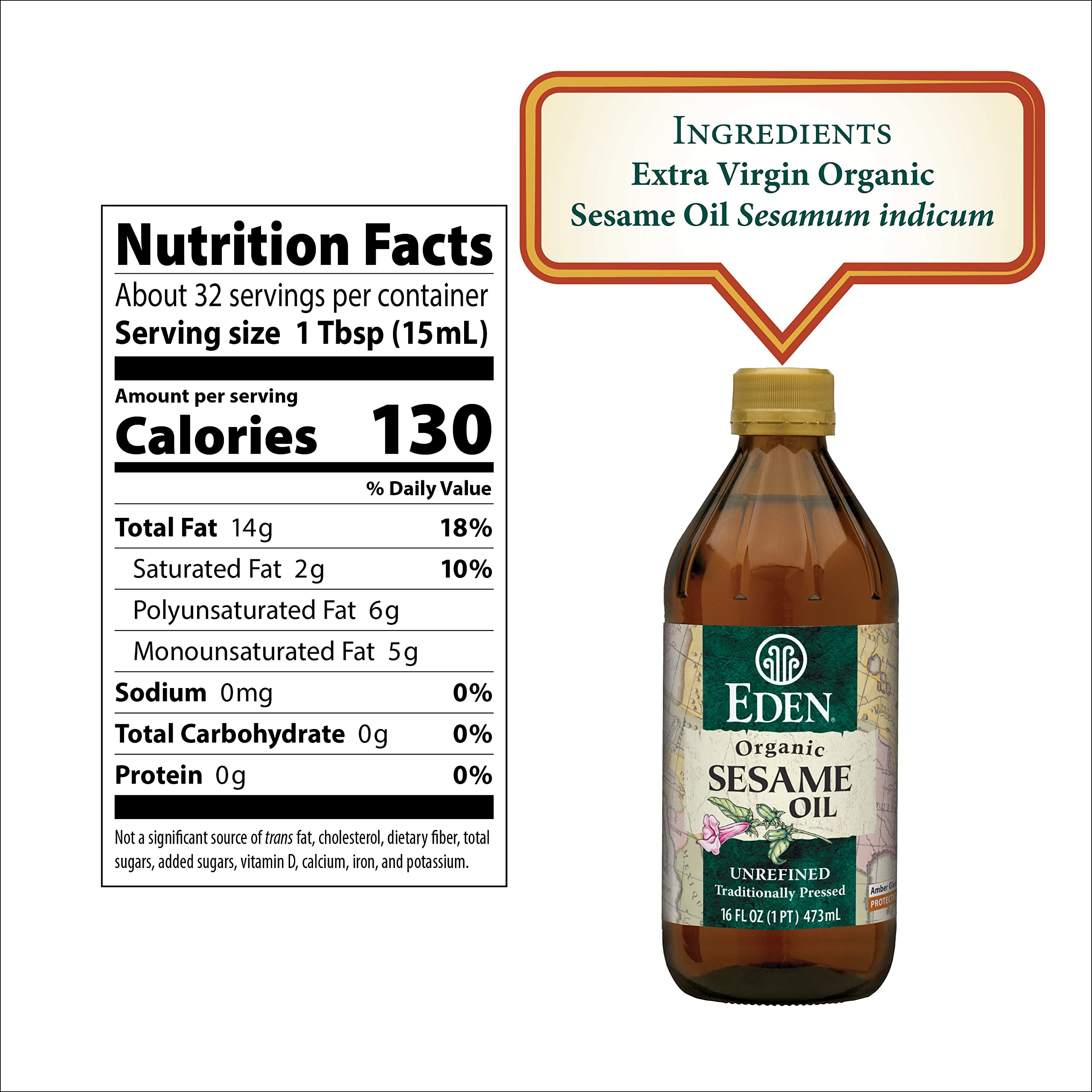 Eden sesame oil glass bottle with label emphasizes preservation of nutrients.