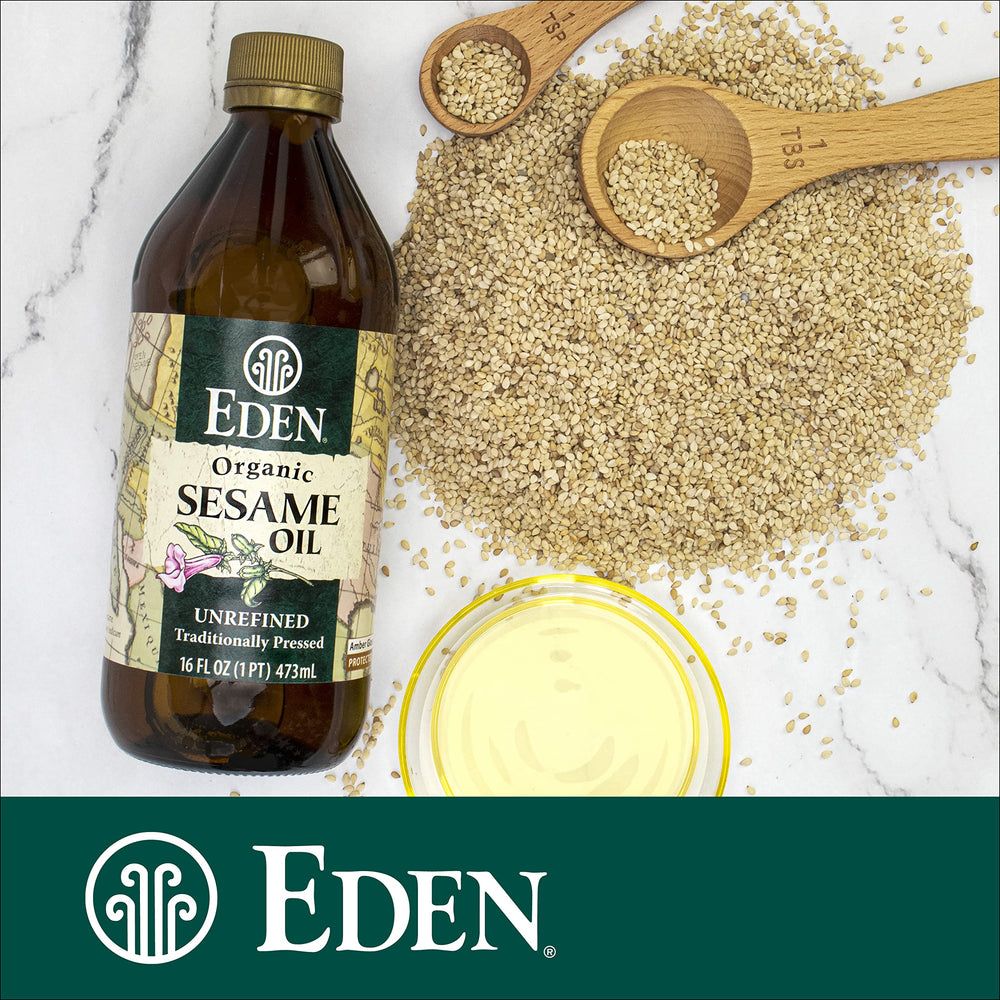 Eden sesame oil on a stir-fry pan delivering flavor infusion.