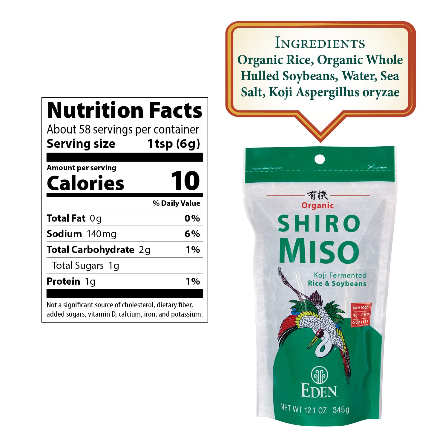 Eden Shiro miso label closeup highlights traditional Japanese making and low-sodium goodness.