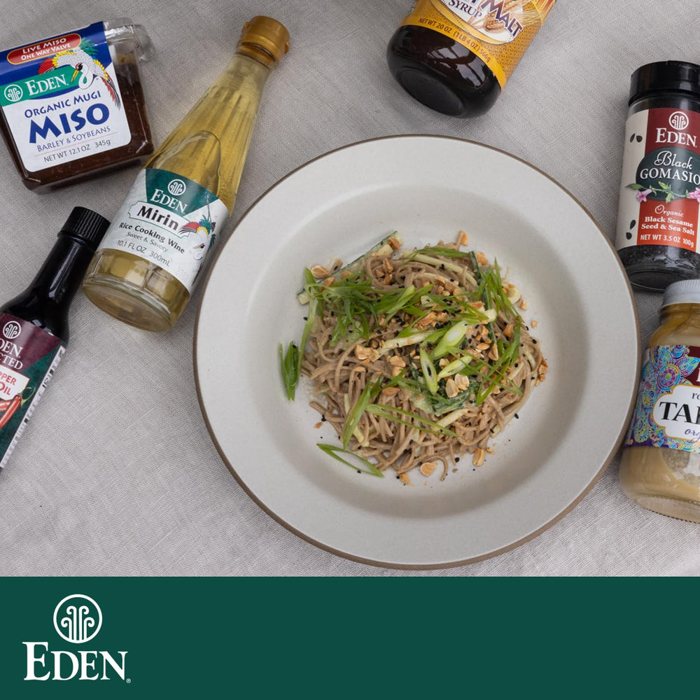 Eden soba displays a deep brown color and rustic appeal.