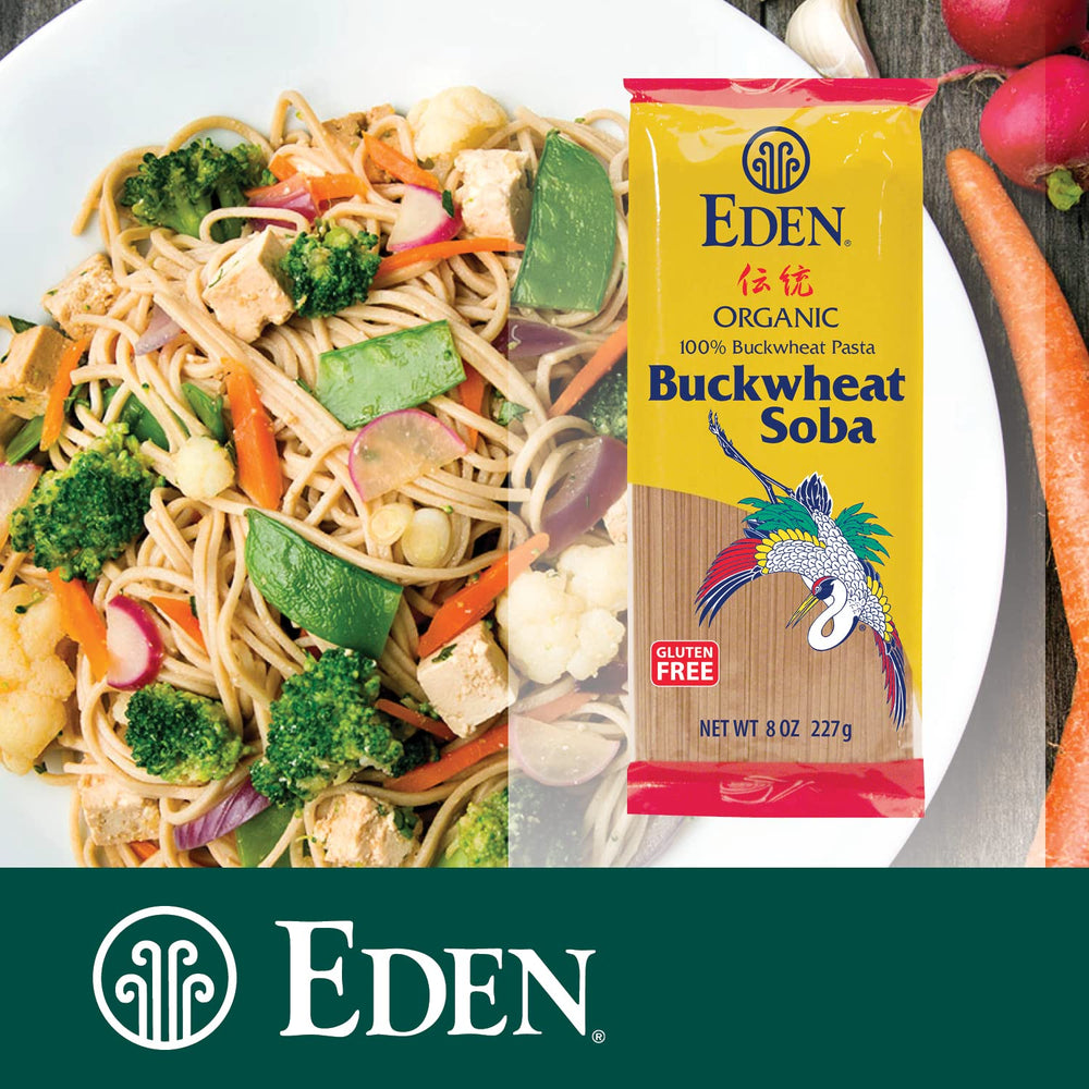 Eden soba plated with fresh greens for a balanced meal.