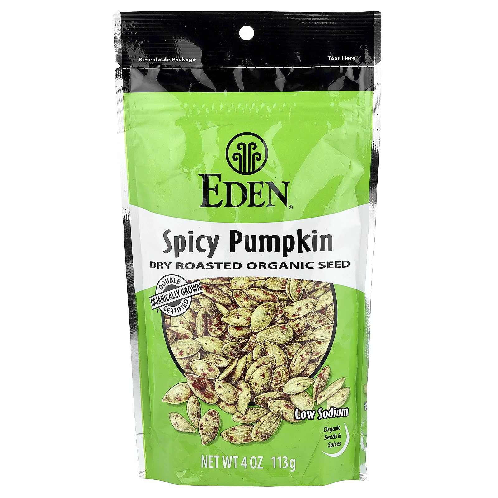 EDEN organic spicy pumpkin seeds in a resealable bag for on-the-go snacking