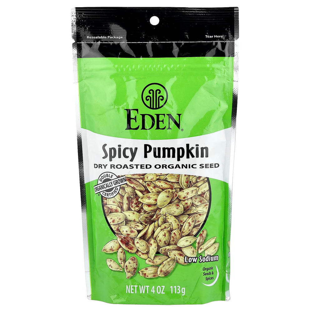 EDEN organic spicy pumpkin seeds in a resealable bag for on-the-go snacking