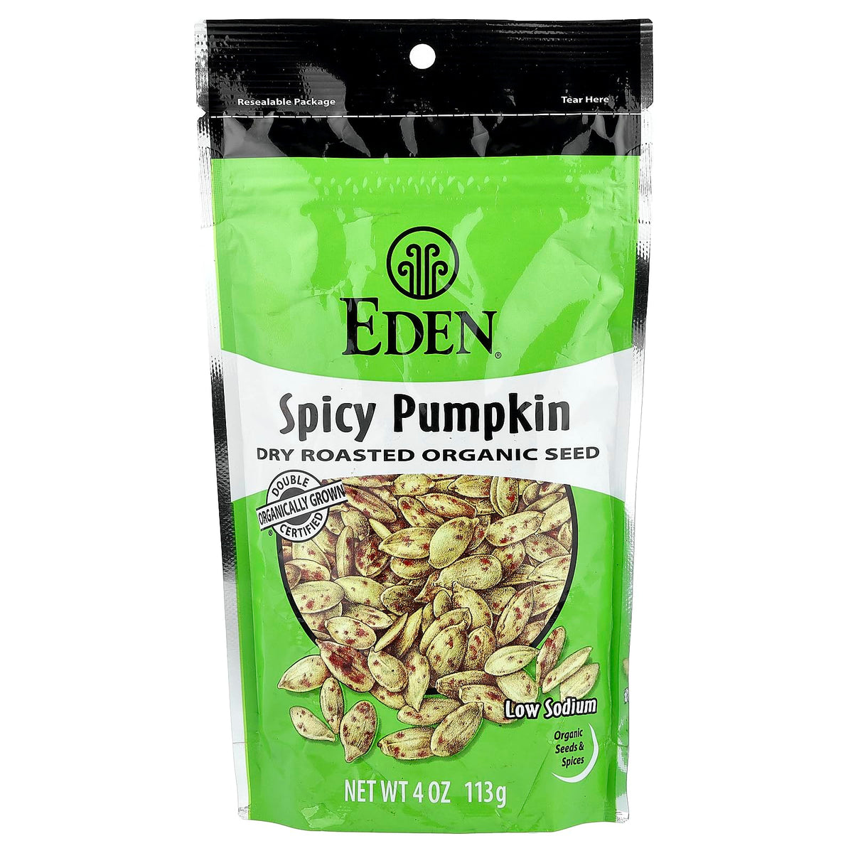 EDEN organic spicy pumpkin seeds in a resealable bag for on-the-go snacking