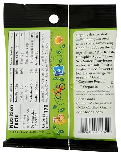 Eden Spicy Pumpkin Seeds dry-roasted close-up highlighting cayenne and garlic