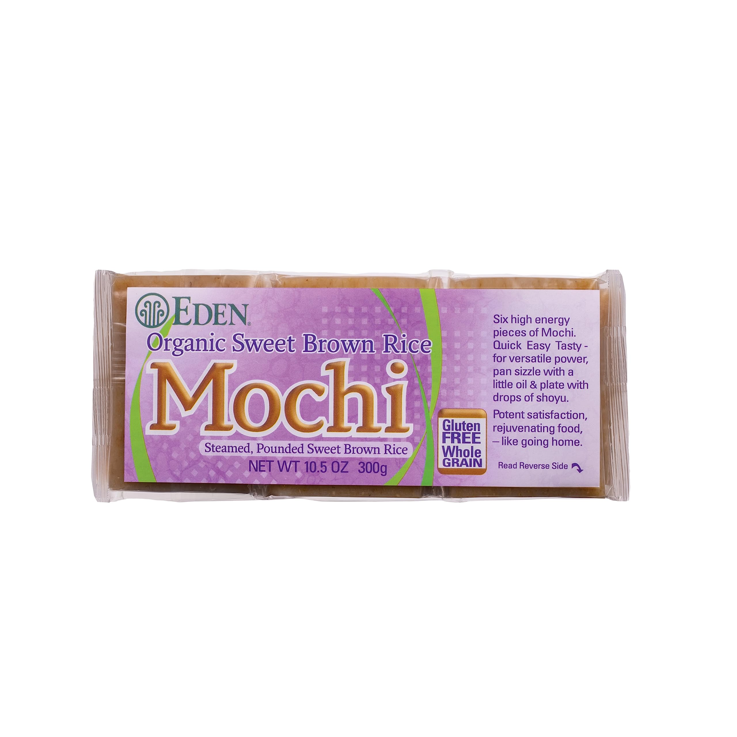 Eden Organic Sweet Brown Rice Mochi packaging on shelf, convenient snack option.