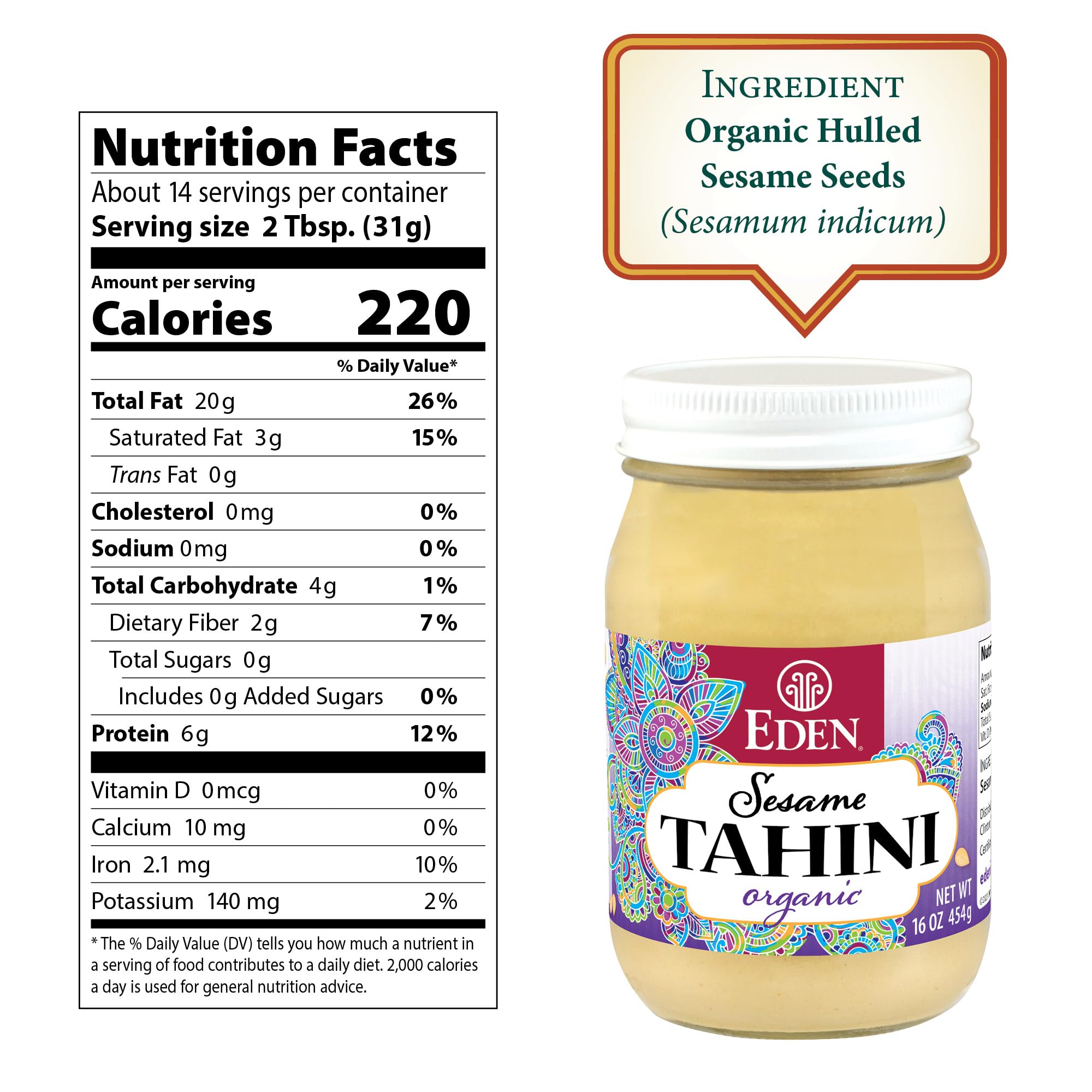 Eden tahini glass jar highlights smooth pour for dressings and spreads.