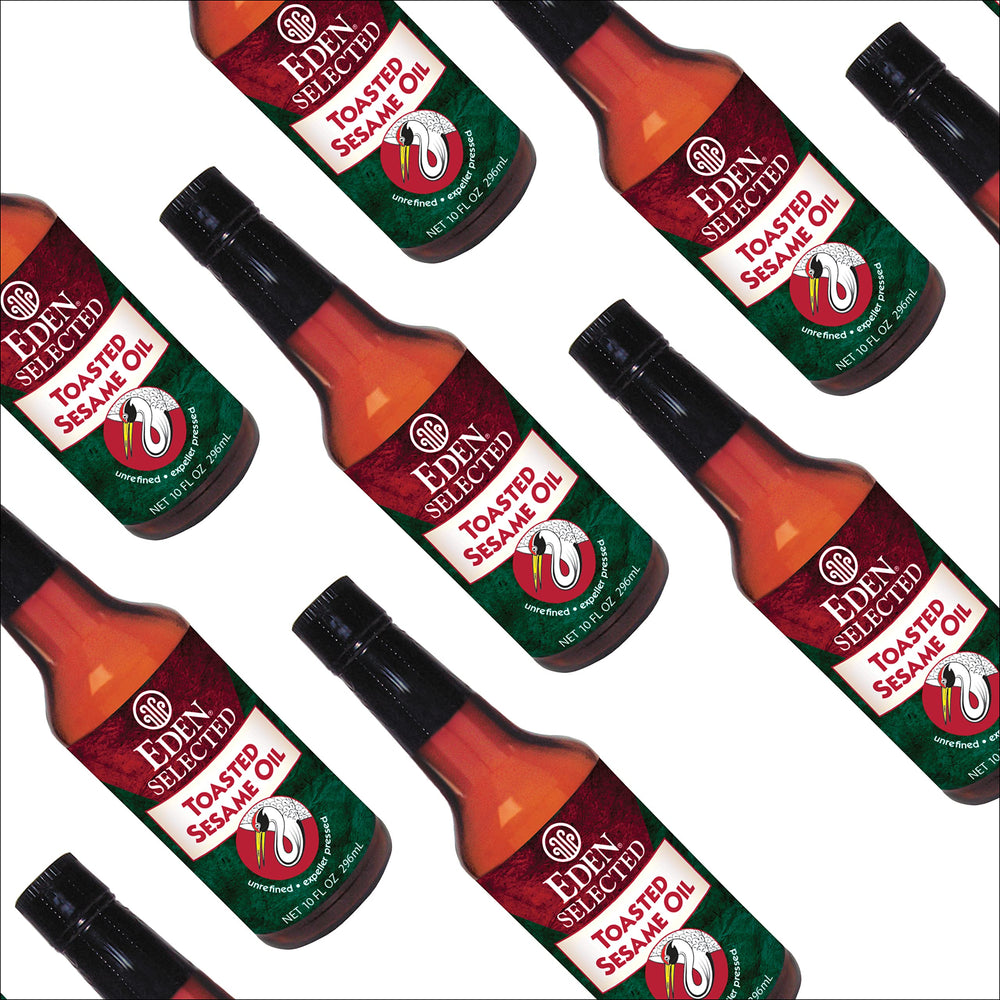 Eden toasted sesame oil dressing and marinade use emphasizes flavor boost.
