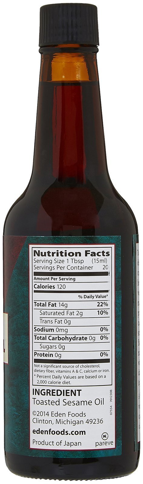 Eden toasted sesame oil label closeup shows authentic Japanese origin.