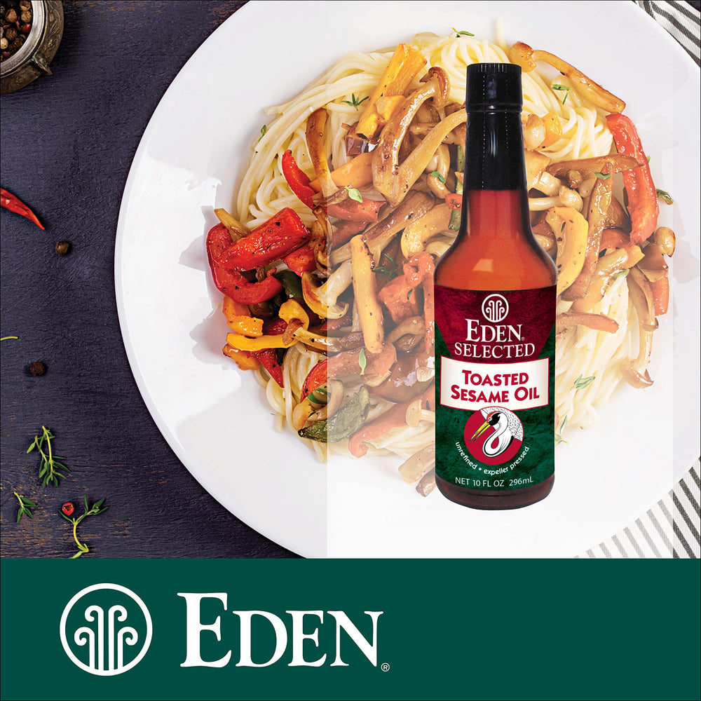 Eden toasted sesame oil stir-fry pan scene highlights aroma and color.