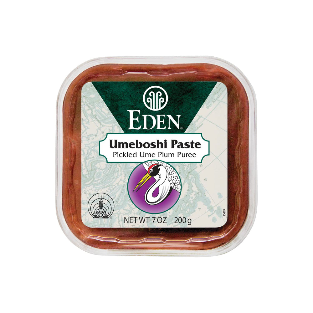 Eden Umeboshi Paste jar with red shiso leaves offering tart, savory depth for sushi rice.
