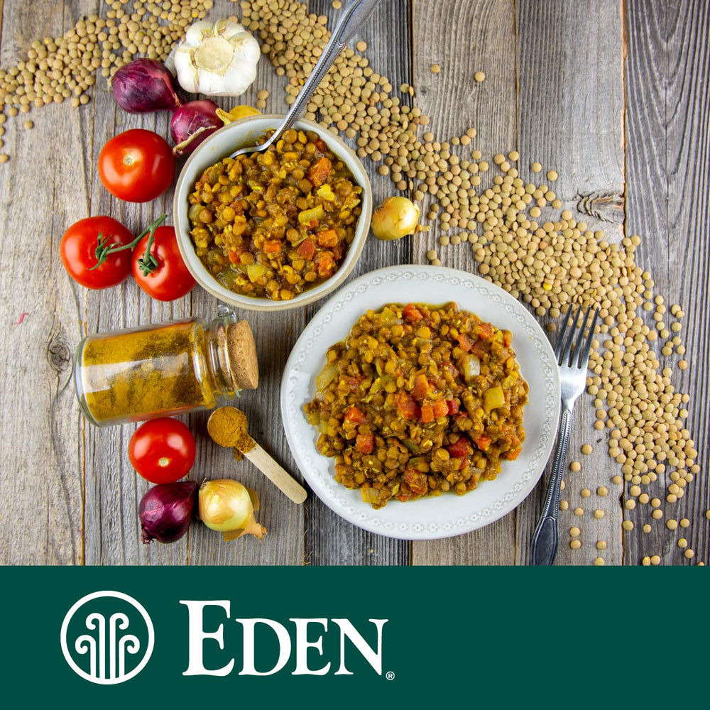 Eden vegan kosher lentils in BPA-free can for plant-based protein.