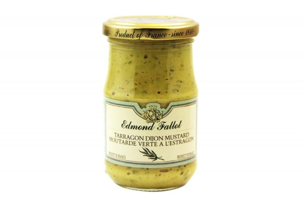 Edmond Fallot Tarragon Dijon Mustard 7.4 oz bottle, tangy herbal flavor for dressings and sauces.