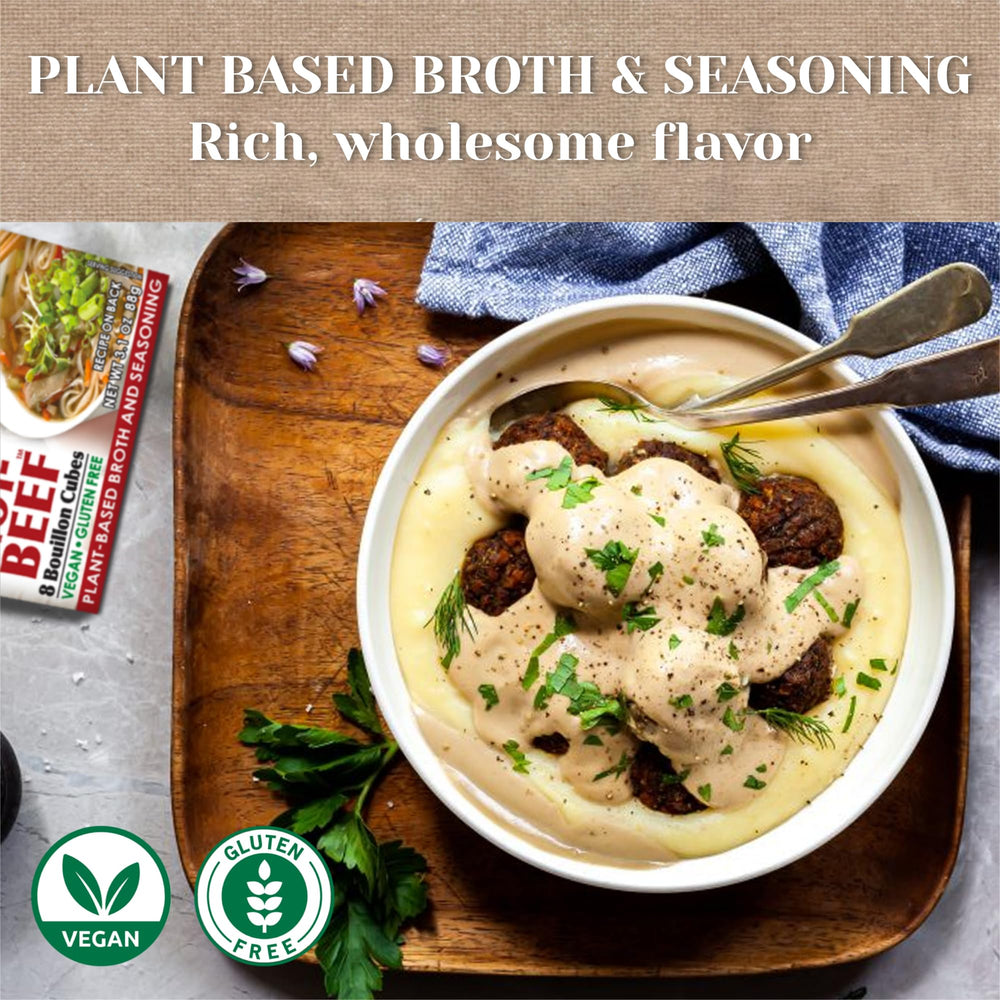 Edward & Sons Not Beef Bouillon Cubes dissolve quickly in hot water for flavorful broth.