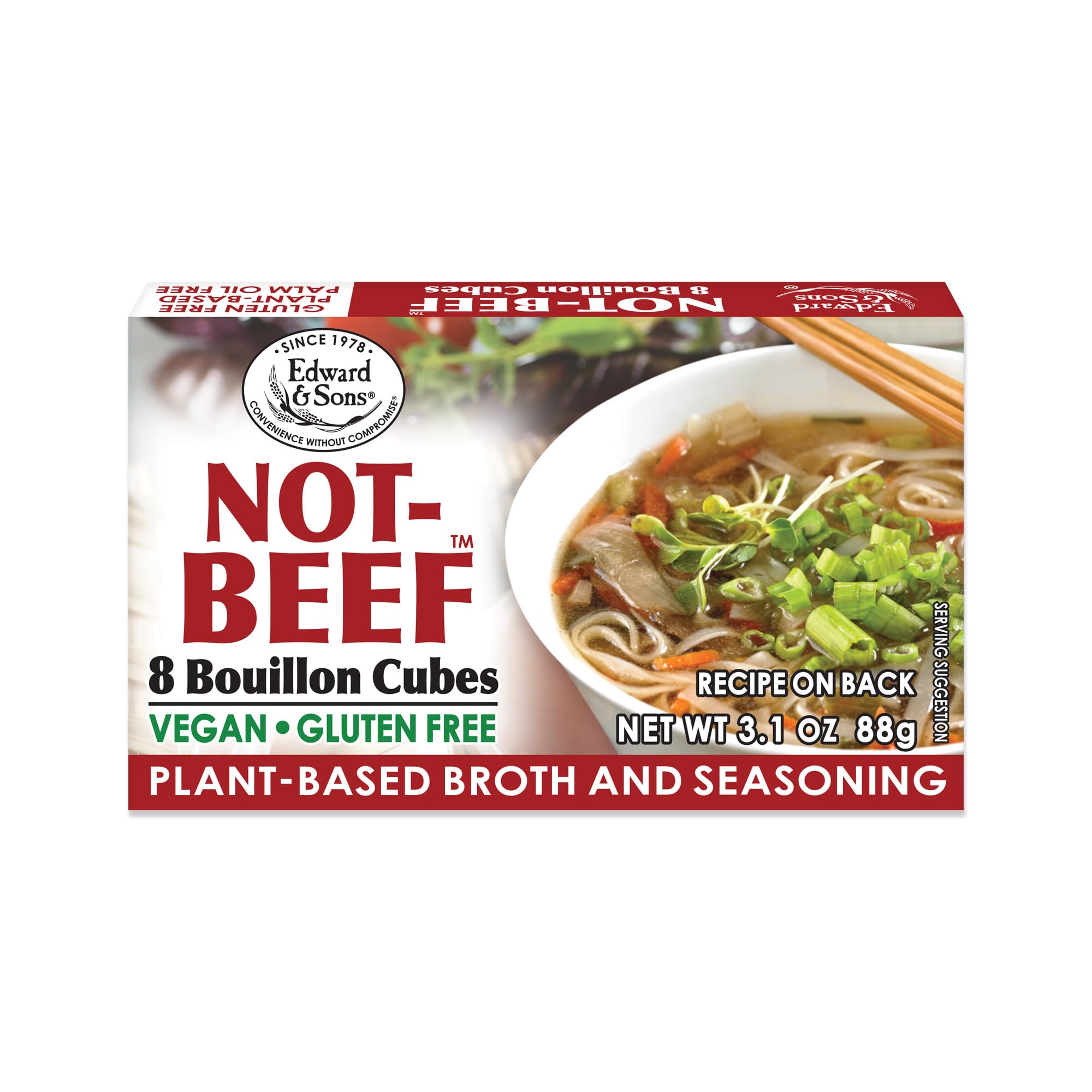 Edward & Sons Not Beef Bouillon Cubes pack offers vegan broth base for quick meals.