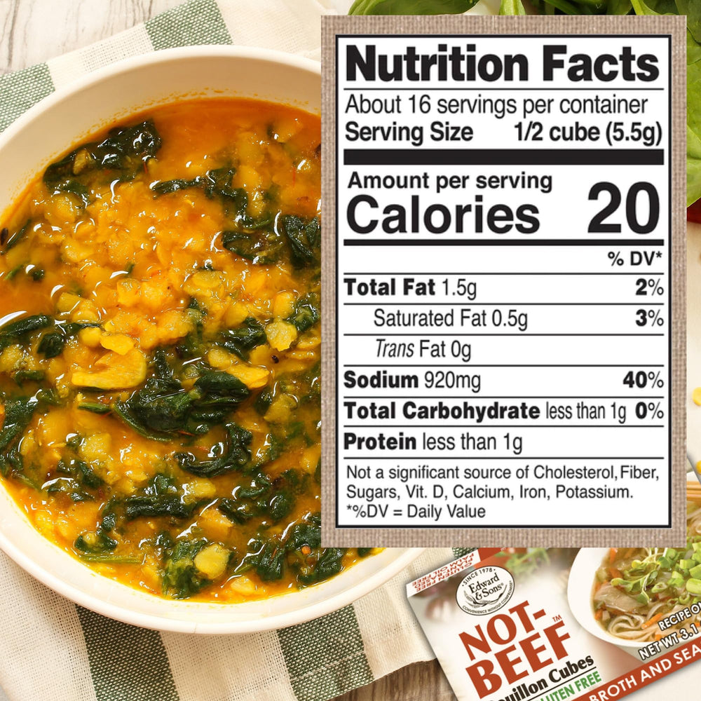 Edward & Sons vegan broth cubes bring garden veggie or Not Beef flavors to soups.