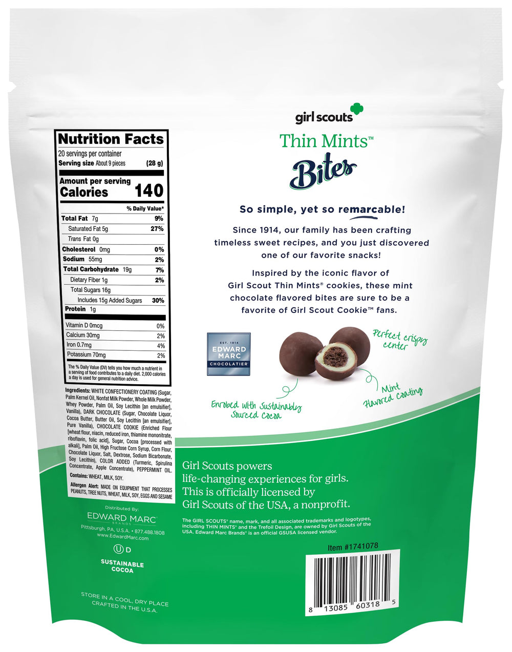 Edward Marc Thin Mint Bites closeup mint center, rich chocolate flavor.