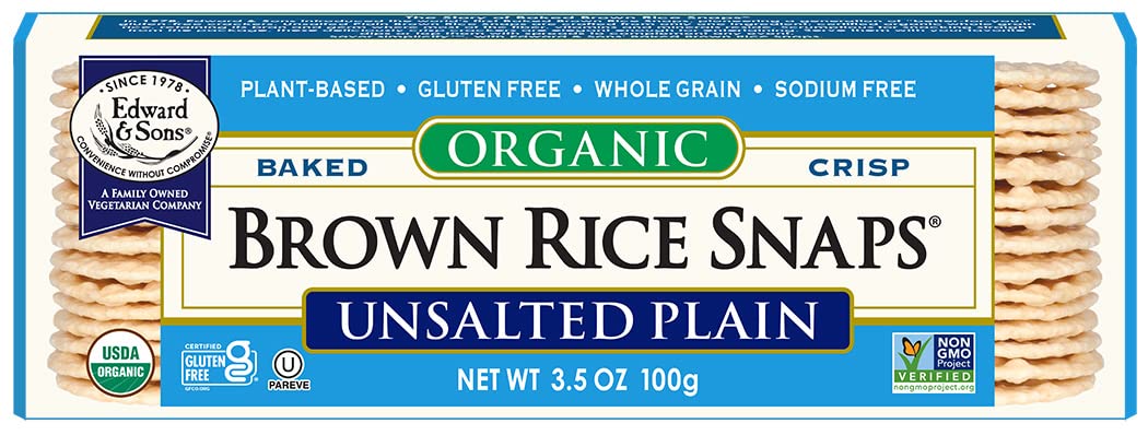 Edward & Sons Brown Rice Snaps front label shows gluten-free, unsalted snack.