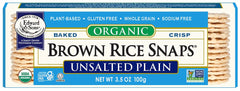 Edward & Sons Brown Rice Snaps front label shows gluten-free, unsalted snack.