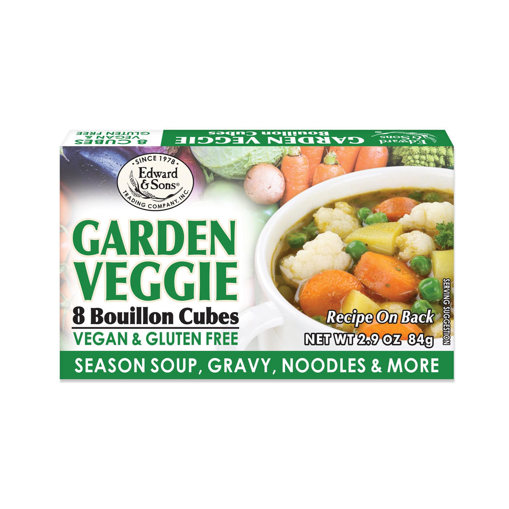 Edward & Sons Garden Veggie Bouillon cubes close-up, convenient broth base for quick meals.