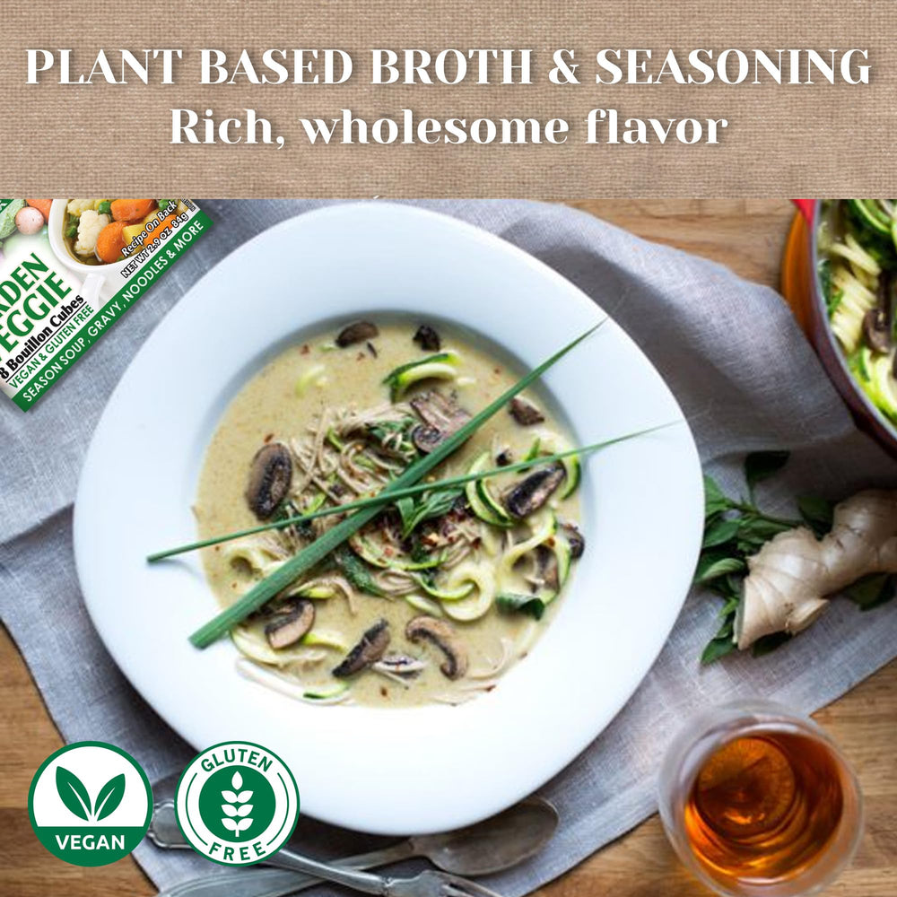 Edward & Sons Garden Veggie Bouillon cubes dissolving in hot water, ready-to-use vegan broth.