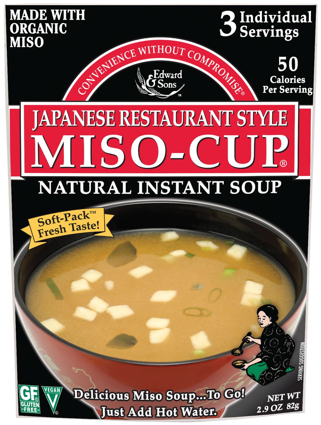 Edward & Sons Miso-Cup packaging showcases portable miso soup for on-the-go meals.