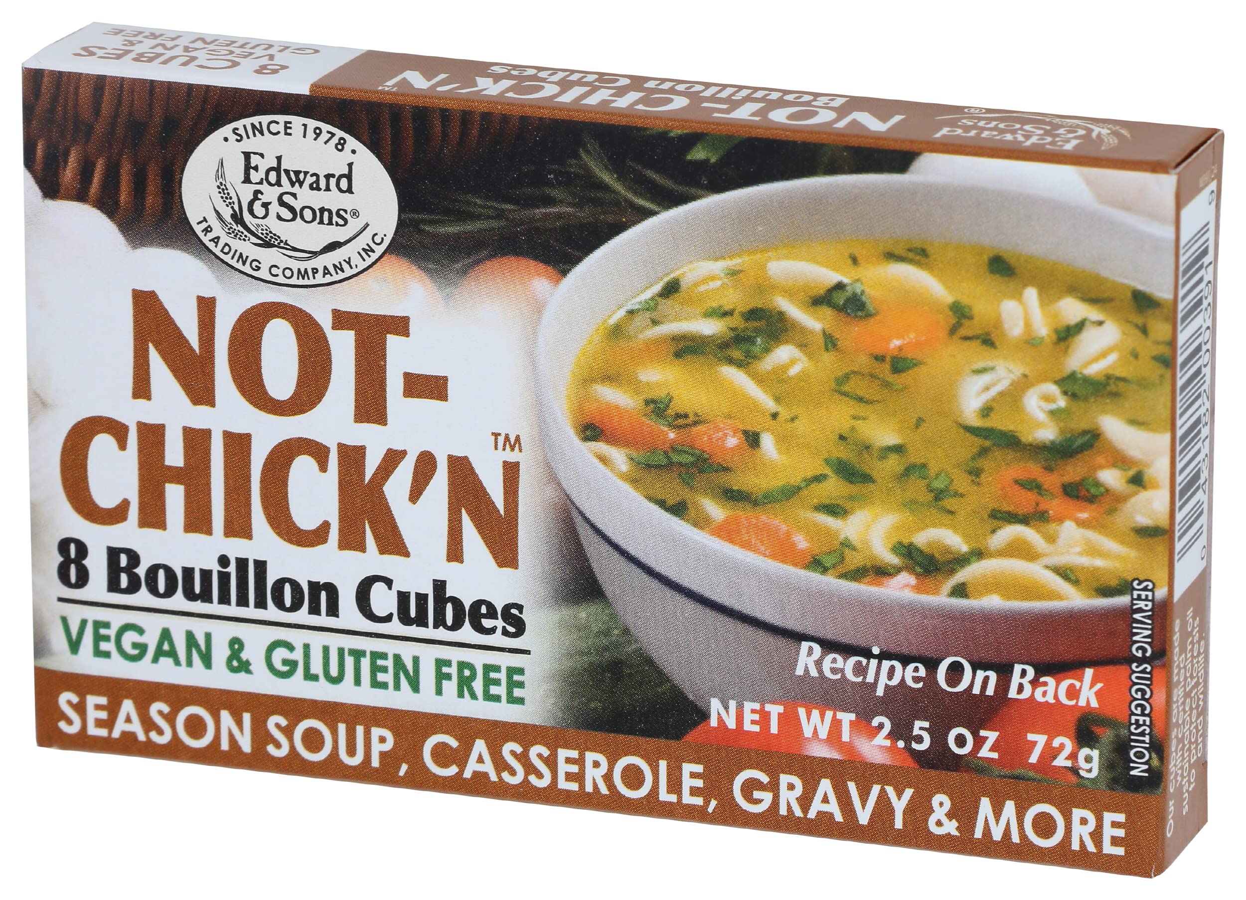 Edward & Sons Not Chicken Bouillon Cubes in a vegan-kitchen setup.