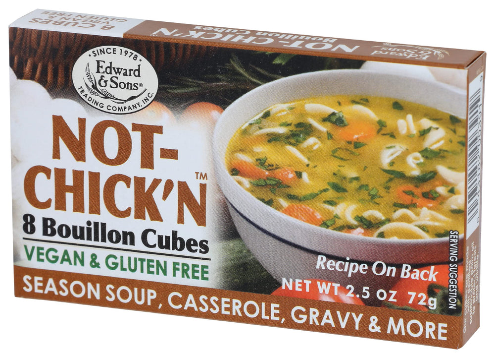 Edward & Sons Not Chicken Bouillon Cubes in a vegan-kitchen setup.