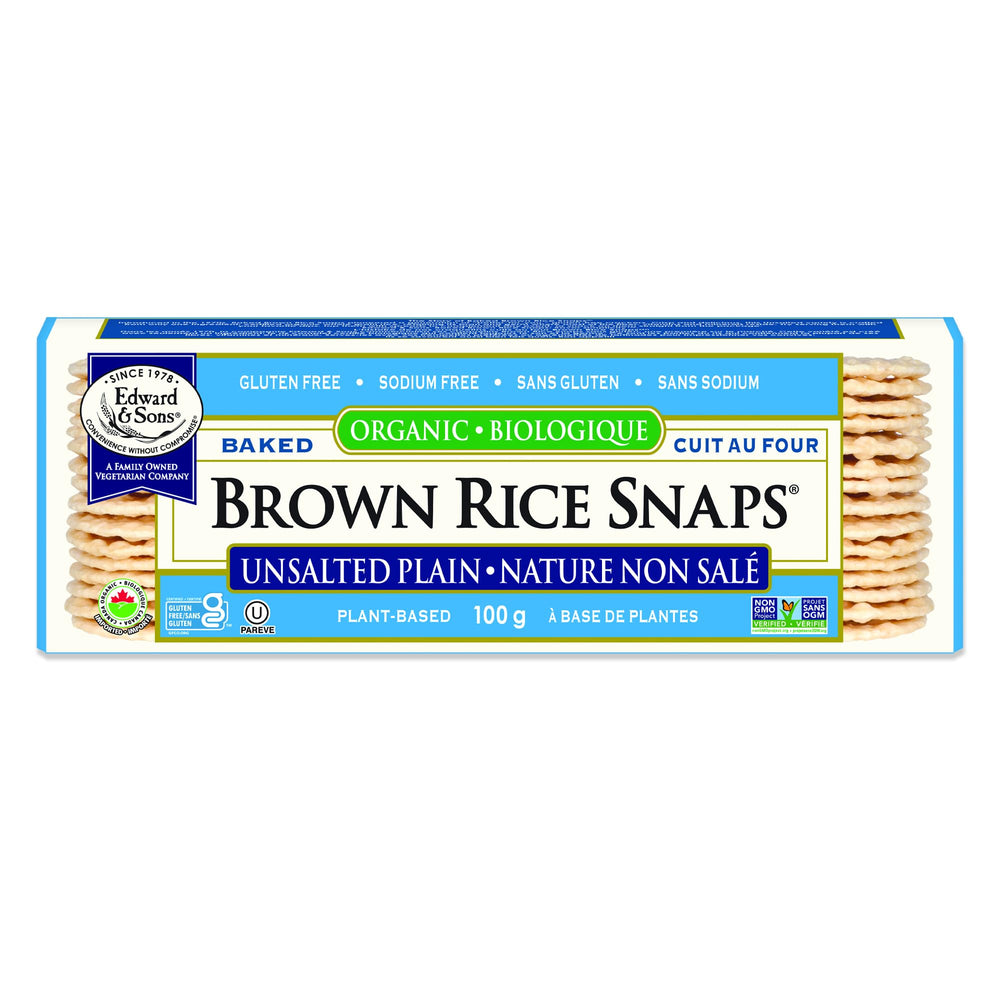 Edward & Sons Organic Brown Rice Snaps pack offers crispy, healthy snacking.