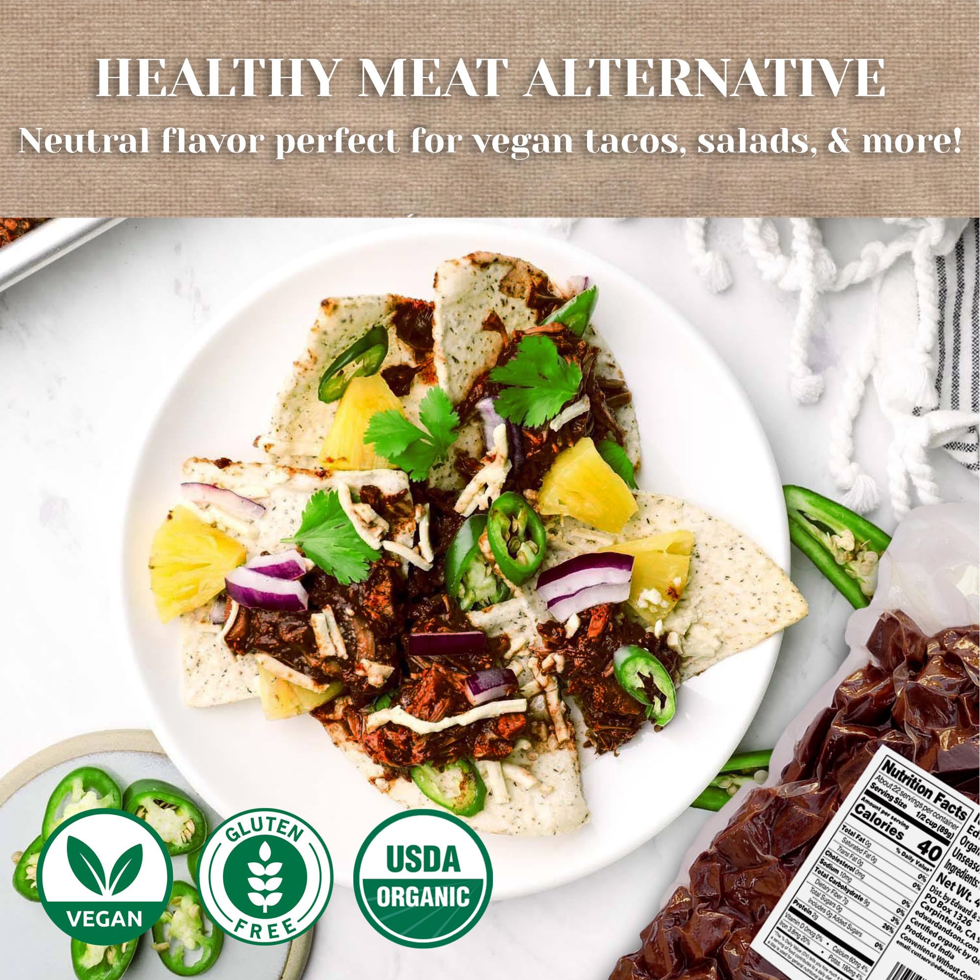 Edward and Sons Organic Young Jackfruit as a meatless base for sauces.
