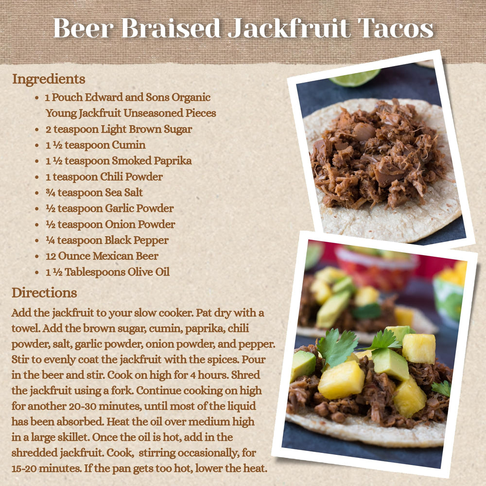Edward and Sons jackfruit supports vegan pulled pork and other substitutes.