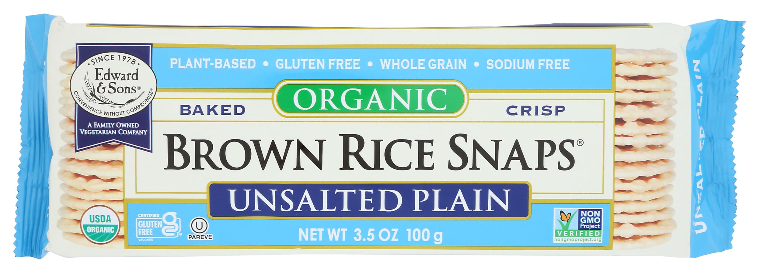 Edward & Sons Rice Snaps packaging highlights organic, gluten-free snack ready for on-the-go.